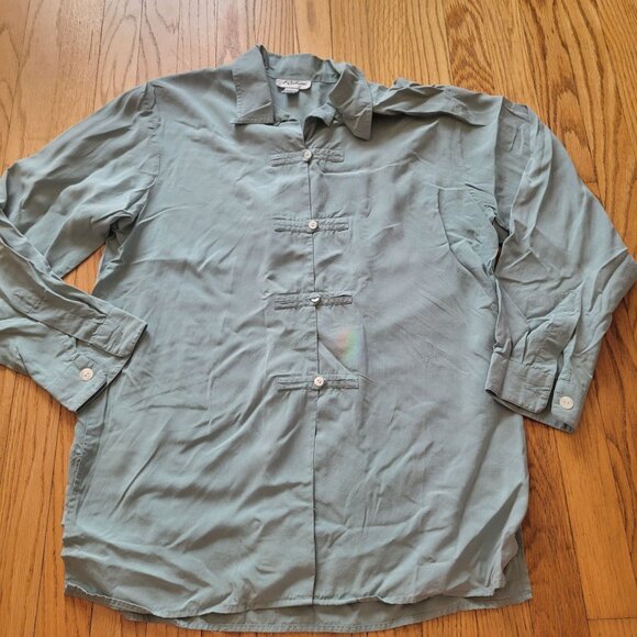 Vintage 100% Silk Richini Sage Green Long Sleeve Blouse Button-Up Shirt Size L - Picture 4 of 5